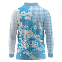 Blue Palaka Hawaiian And Japanese Long Sleeve Polo Shirt Maneki Neko And Sakura Bloom DT05 - Polynesian Pride