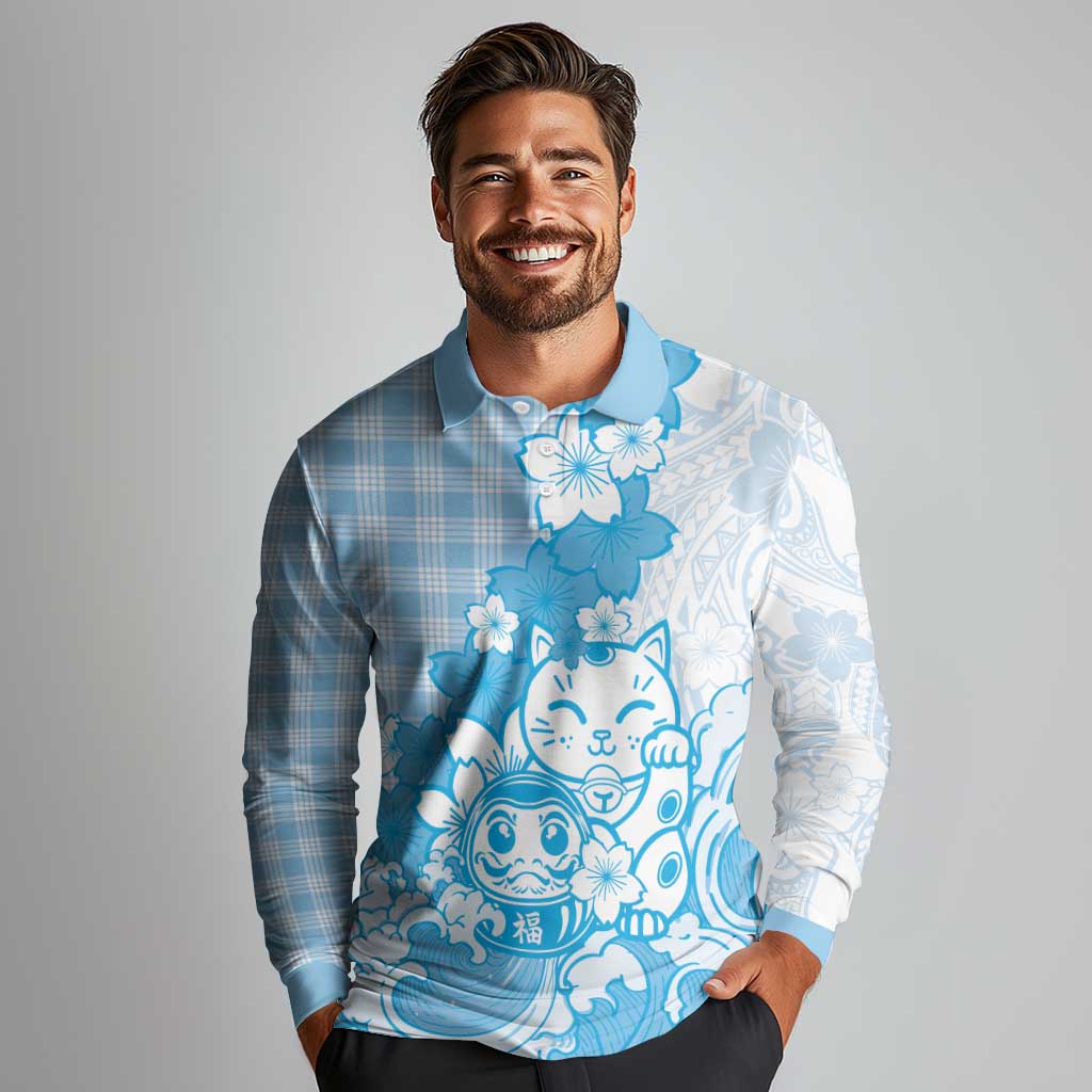 Blue Palaka Hawaiian And Japanese Long Sleeve Polo Shirt Maneki Neko And Sakura Bloom DT05 - Polynesian Pride