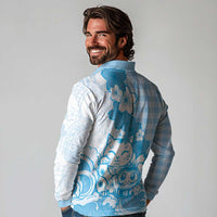 Blue Palaka Hawaiian And Japanese Long Sleeve Polo Shirt Maneki Neko And Sakura Bloom DT05 - Polynesian Pride