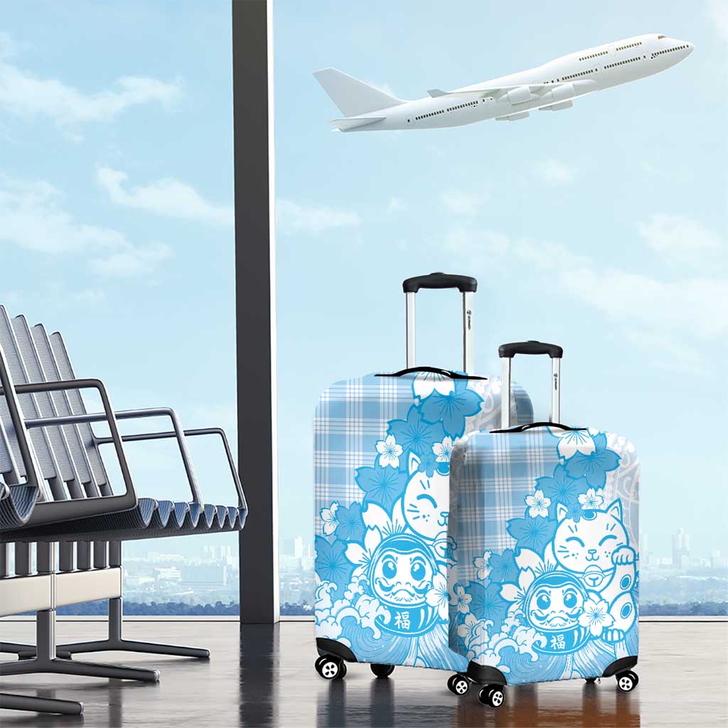 Blue Palaka Hawaiian And Japanese Luggage Cover Maneki Neko And Sakura Bloom