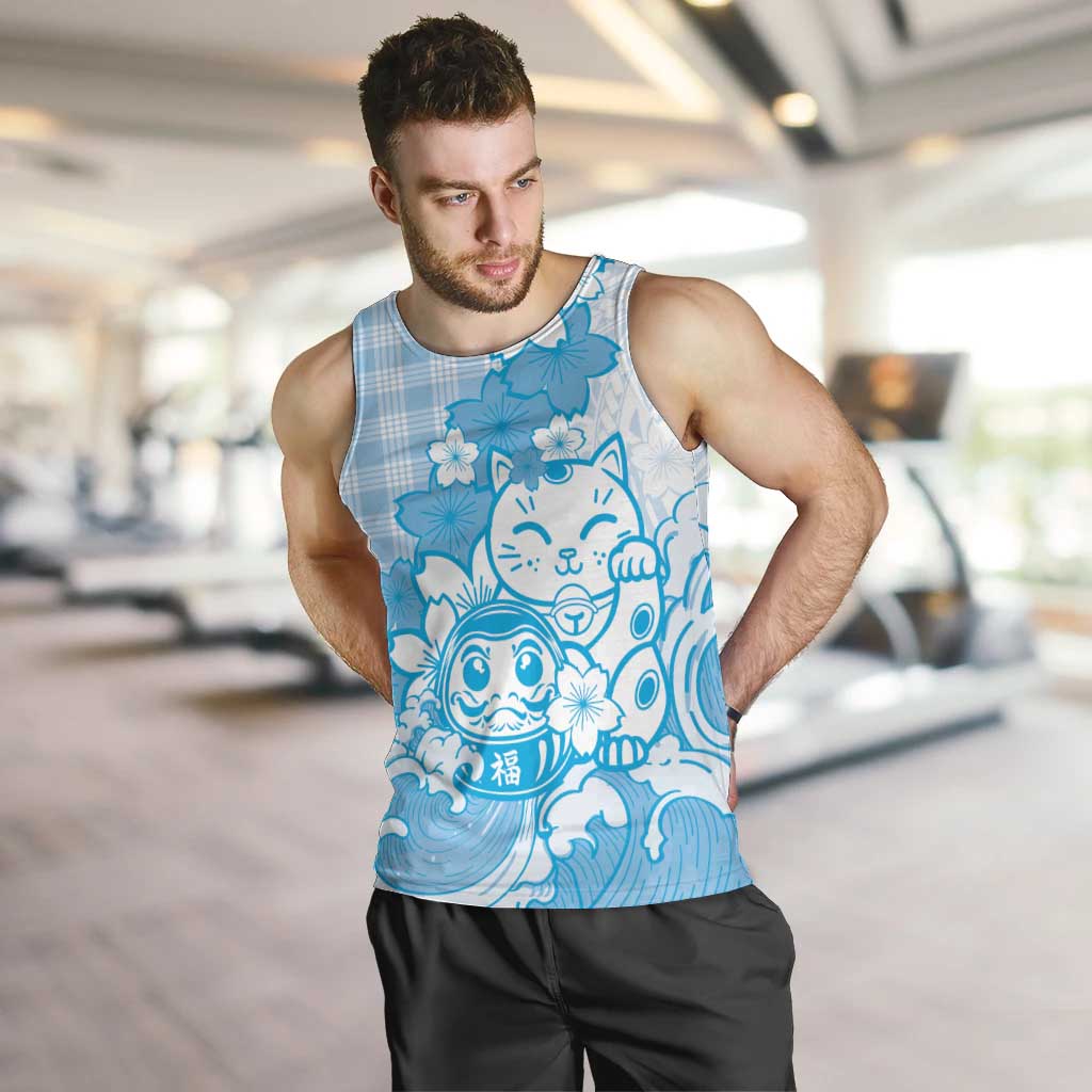 Blue Palaka Hawaiian And Japanese Men Tank Top Maneki Neko And Sakura Bloom DT05 Blue - Polynesian Pride