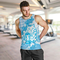 Blue Palaka Hawaiian And Japanese Men Tank Top Maneki Neko And Sakura Bloom DT05 Blue - Polynesian Pride