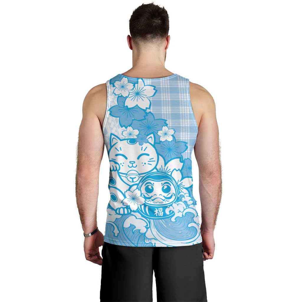 Blue Palaka Hawaiian And Japanese Men Tank Top Maneki Neko And Sakura Bloom DT05 - Polynesian Pride