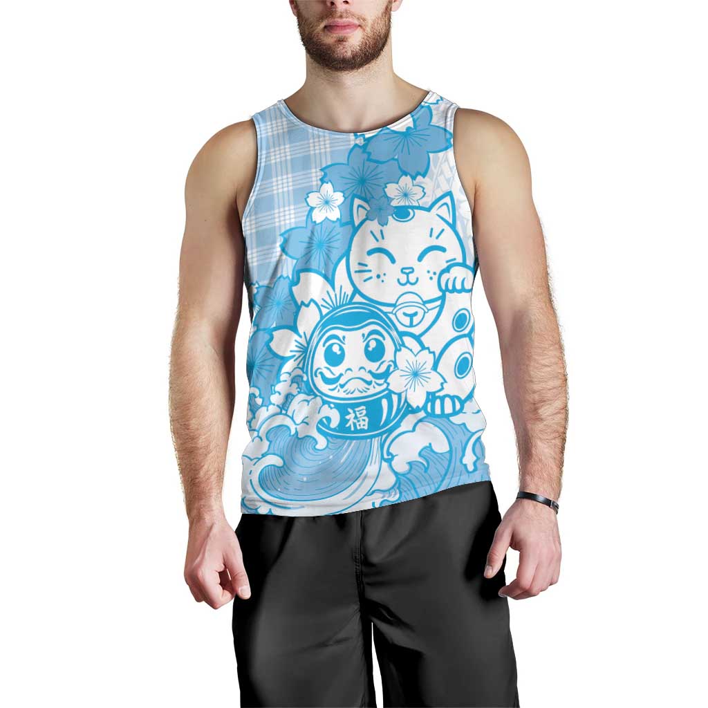 Blue Palaka Hawaiian And Japanese Men Tank Top Maneki Neko And Sakura Bloom DT05 - Polynesian Pride