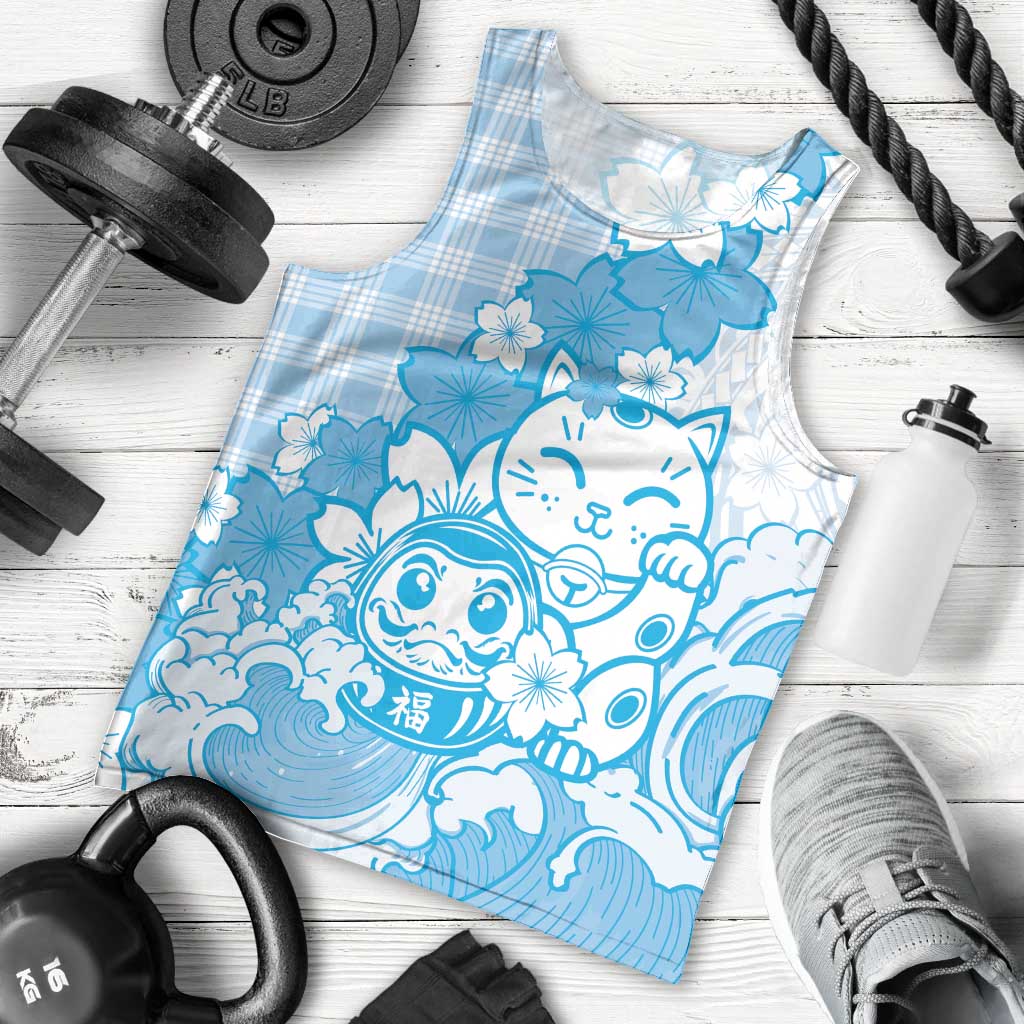 Blue Palaka Hawaiian And Japanese Men Tank Top Maneki Neko And Sakura Bloom DT05 - Polynesian Pride