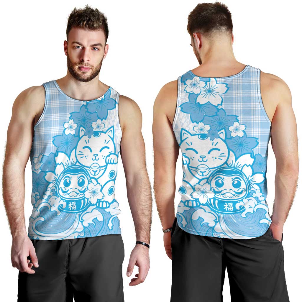 Blue Palaka Hawaiian And Japanese Men Tank Top Maneki Neko And Sakura Bloom DT05 - Polynesian Pride