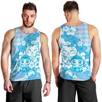 Blue Palaka Hawaiian And Japanese Men Tank Top Maneki Neko And Sakura Bloom DT05 - Polynesian Pride