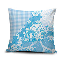 Blue Palaka Hawaiian And Japanese Pillow Cover Maneki Neko And Sakura Bloom DT05 Blue - Polynesian Pride