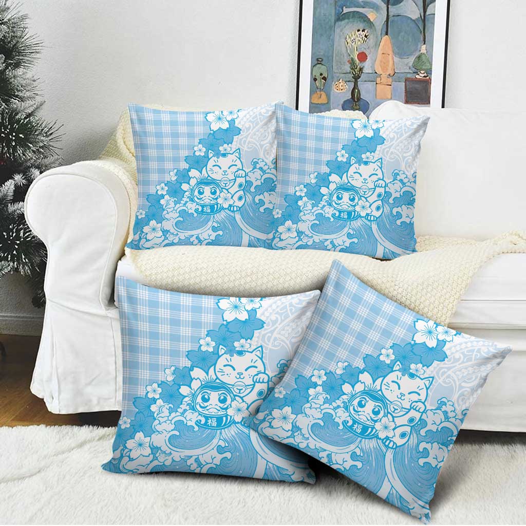 Blue Palaka Hawaiian And Japanese Pillow Cover Maneki Neko And Sakura Bloom DT05 - Polynesian Pride