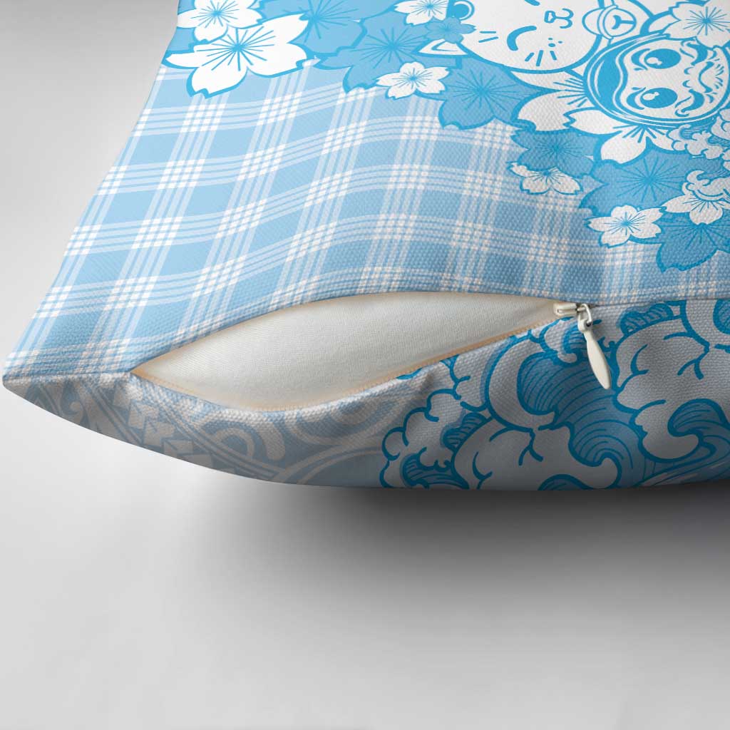 Blue Palaka Hawaiian And Japanese Pillow Cover Maneki Neko And Sakura Bloom DT05 - Polynesian Pride