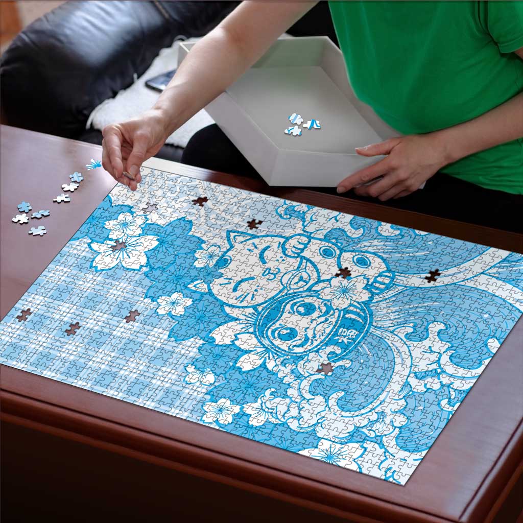 Blue Palaka Hawaiian And Japanese Puzzle Maneki Neko And Sakura Bloom