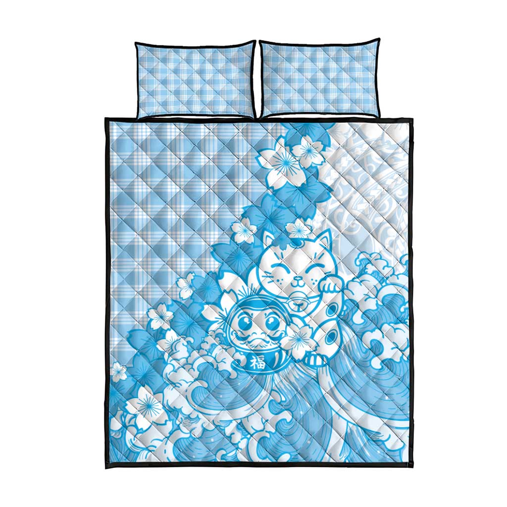 Blue Palaka Hawaiian And Japanese Quilt Bed Set Maneki Neko And Sakura Bloom