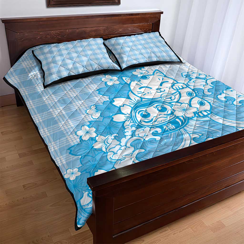 Blue Palaka Hawaiian And Japanese Quilt Bed Set Maneki Neko And Sakura Bloom