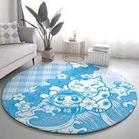 Blue Palaka Hawaiian And Japanese Round Carpet Maneki Neko And Sakura Bloom