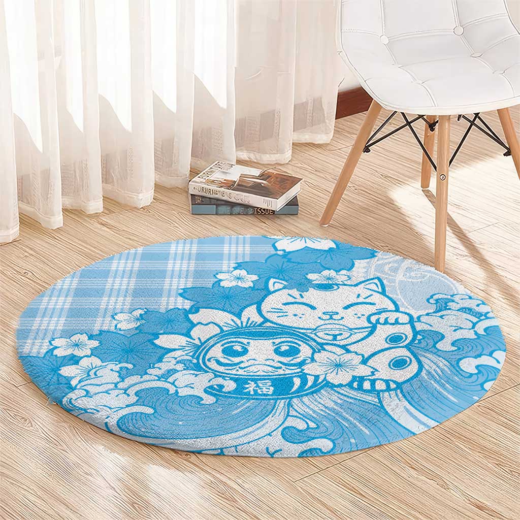 Blue Palaka Hawaiian And Japanese Round Carpet Maneki Neko And Sakura Bloom
