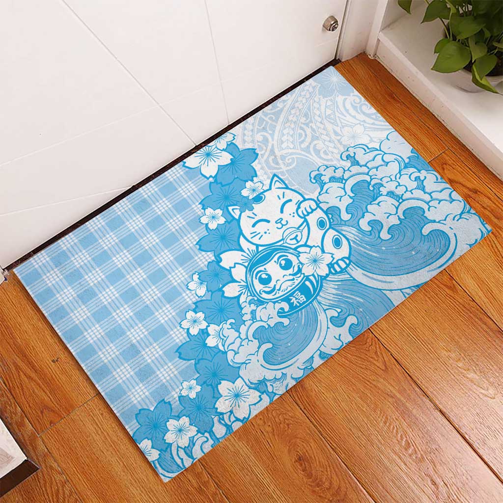 Blue Palaka Hawaiian And Japanese Rubber Doormat Maneki Neko And Sakura Bloom
