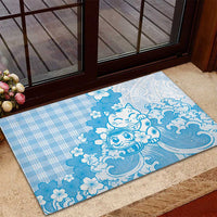 Blue Palaka Hawaiian And Japanese Rubber Doormat Maneki Neko And Sakura Bloom