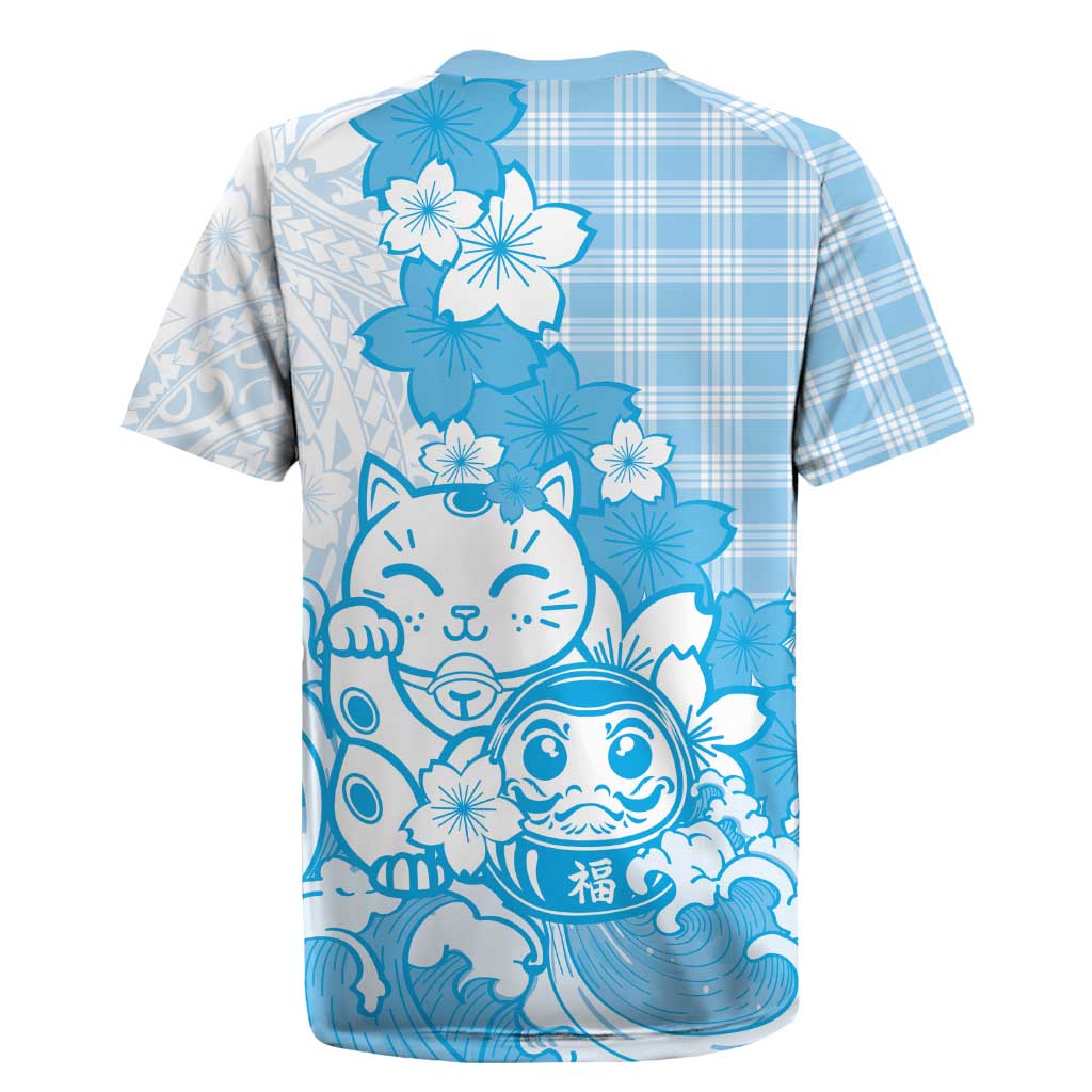 Blue Palaka Hawaiian And Japanese Rugby Jersey Maneki Neko And Sakura Bloom DT05 - Polynesian Pride
