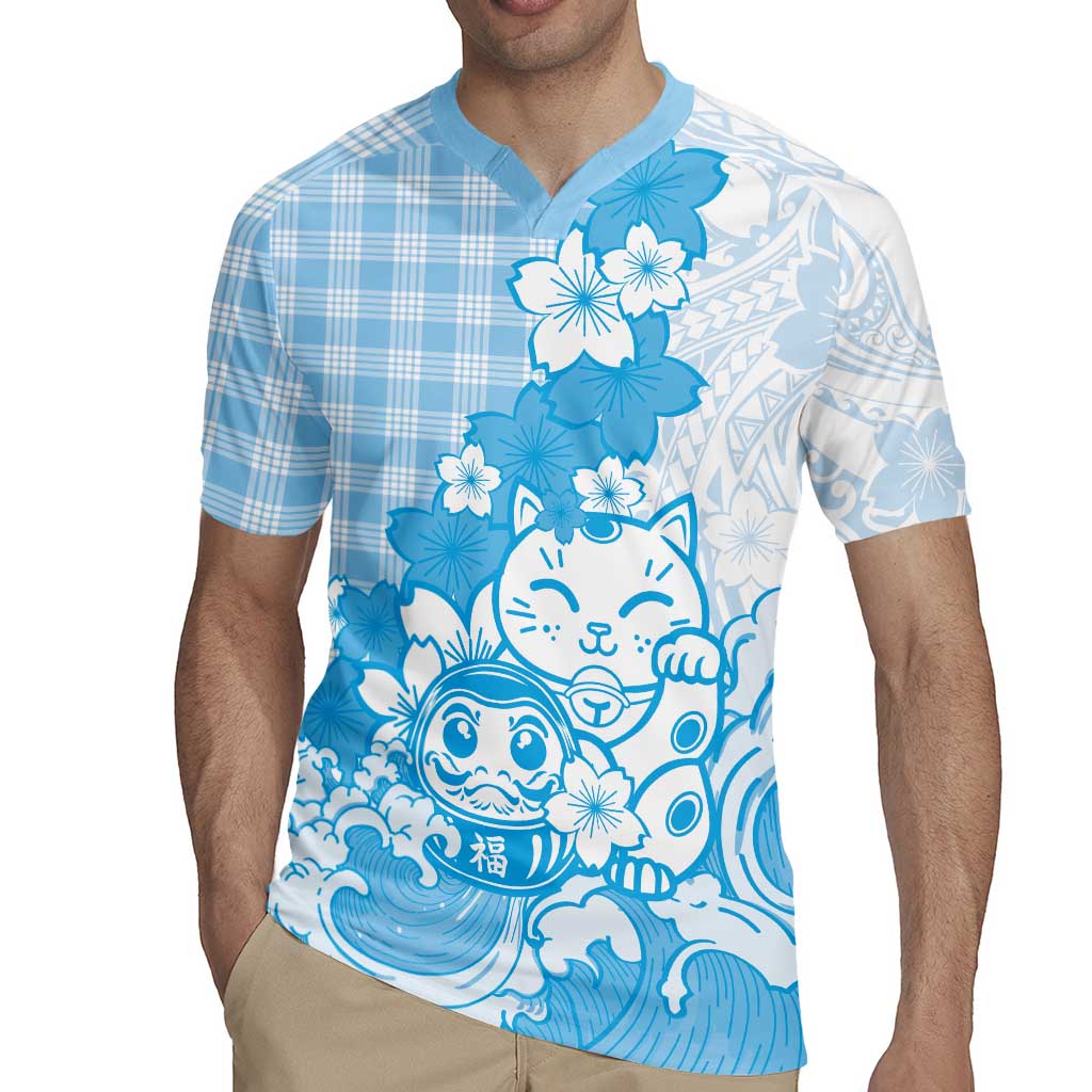 Blue Palaka Hawaiian And Japanese Rugby Jersey Maneki Neko And Sakura Bloom DT05 - Polynesian Pride