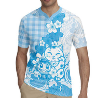 Blue Palaka Hawaiian And Japanese Rugby Jersey Maneki Neko And Sakura Bloom DT05 - Polynesian Pride