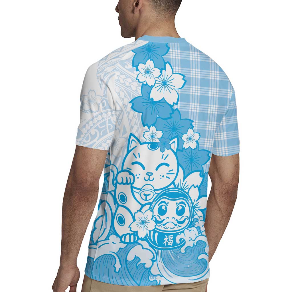 Blue Palaka Hawaiian And Japanese Rugby Jersey Maneki Neko And Sakura Bloom DT05 - Polynesian Pride