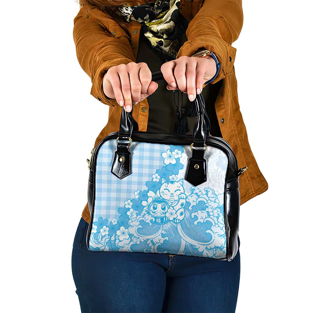 Blue Palaka Hawaiian And Japanese Shoulder Handbag Maneki Neko And Sakura Bloom DT05 One Size Blue - Polynesian Pride