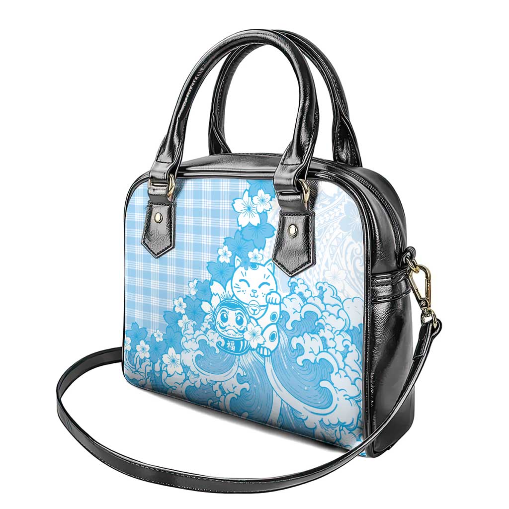 Blue Palaka Hawaiian And Japanese Shoulder Handbag Maneki Neko And Sakura Bloom DT05 - Polynesian Pride