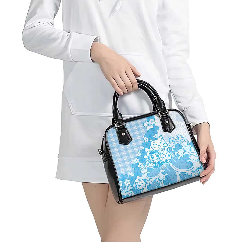 Blue Palaka Hawaiian And Japanese Shoulder Handbag Maneki Neko And Sakura Bloom DT05 - Polynesian Pride