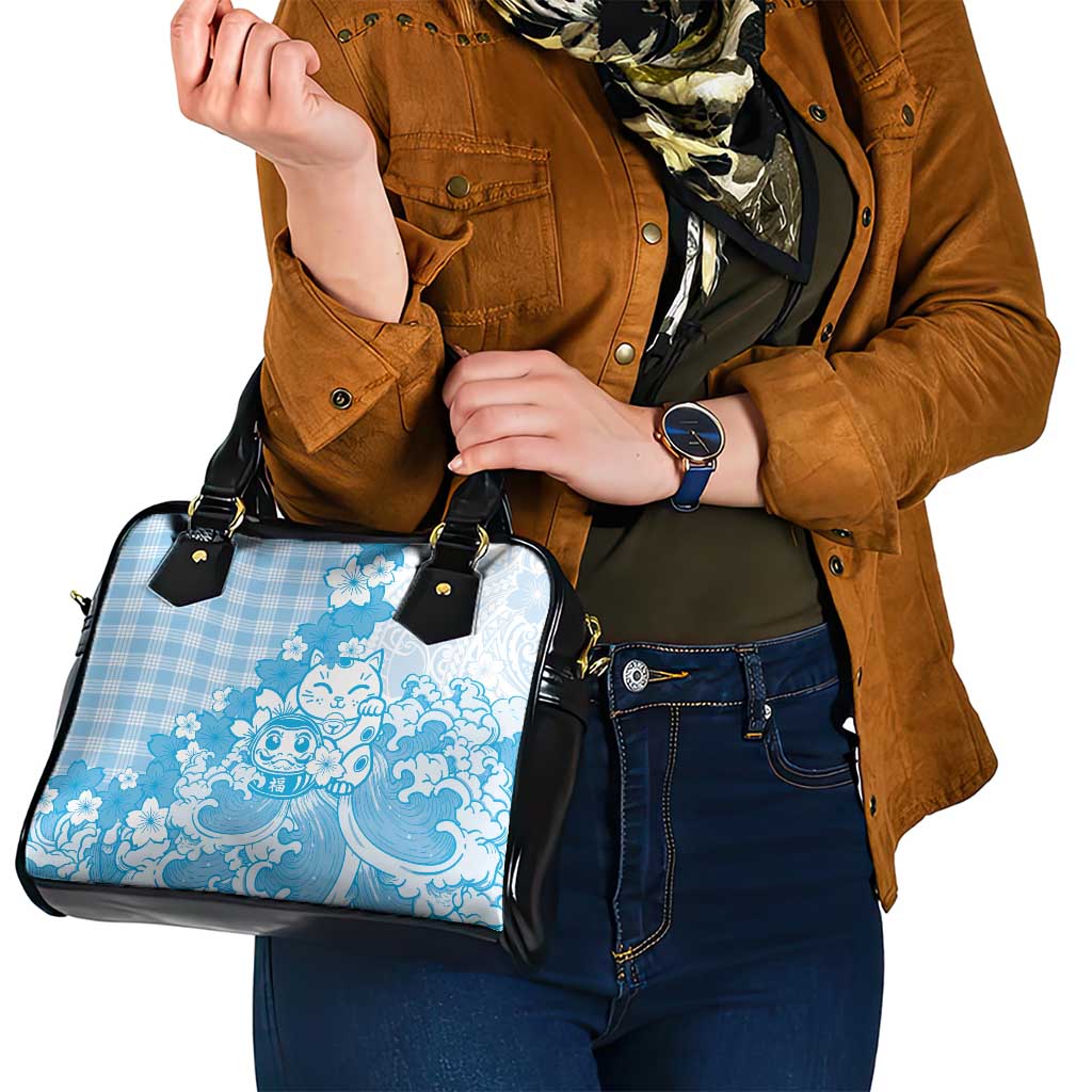 Blue Palaka Hawaiian And Japanese Shoulder Handbag Maneki Neko And Sakura Bloom DT05 - Polynesian Pride