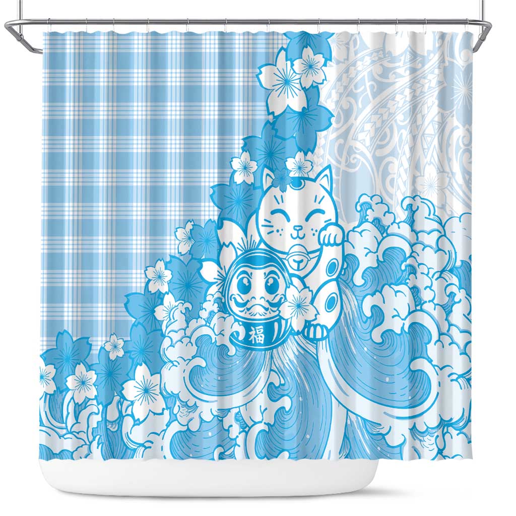 Blue Palaka Hawaiian And Japanese Shower Curtain Maneki Neko And Sakura Bloom DT05 Blue - Polynesian Pride