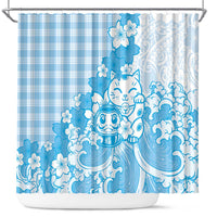 Blue Palaka Hawaiian And Japanese Shower Curtain Maneki Neko And Sakura Bloom DT05 Blue - Polynesian Pride