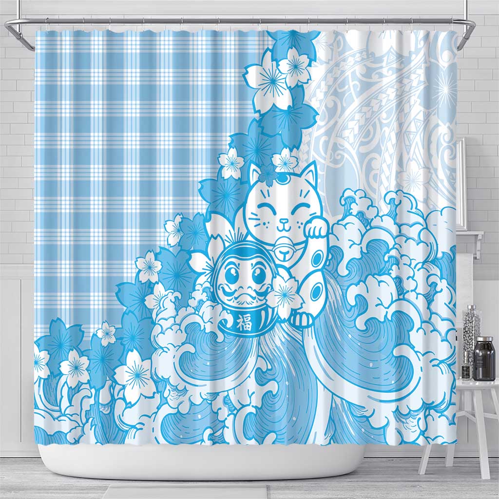 Blue Palaka Hawaiian And Japanese Shower Curtain Maneki Neko And Sakura Bloom DT05 - Polynesian Pride