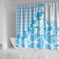 Blue Palaka Hawaiian And Japanese Shower Curtain Maneki Neko And Sakura Bloom DT05 - Polynesian Pride