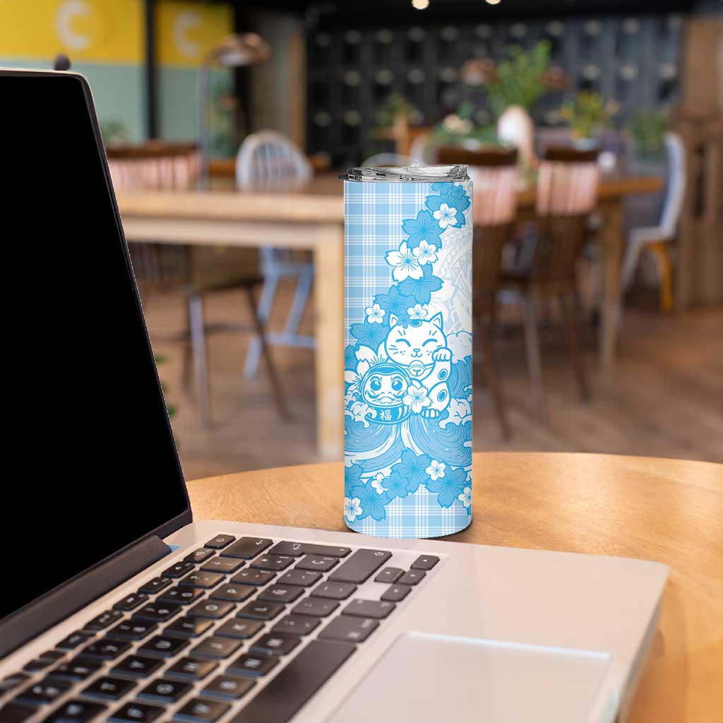 Blue Palaka Hawaiian And Japanese Skinny Tumbler Maneki Neko And Sakura Bloom