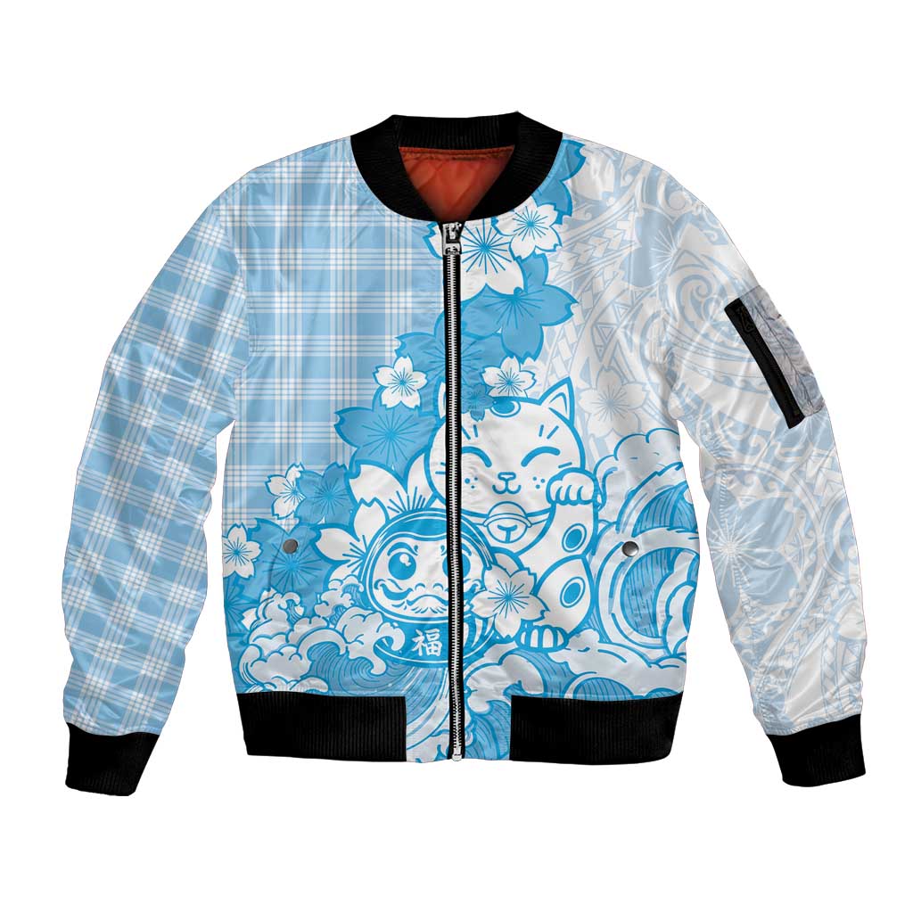 Blue Palaka Hawaiian And Japanese Sleeve Zip Bomber Jacket Maneki Neko And Sakura Bloom
