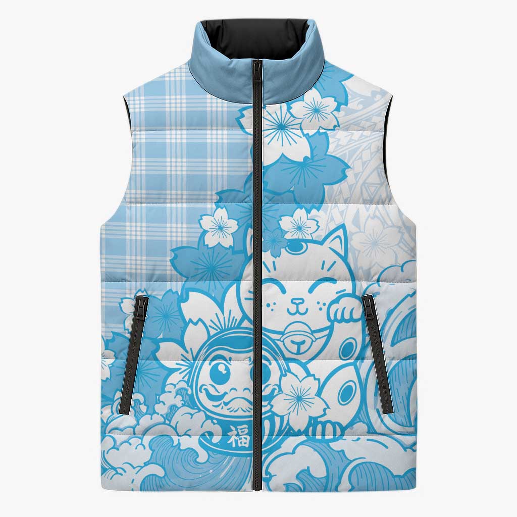 Blue Palaka Hawaiian And Japanese Sleeveless Puffer Jacket Maneki Neko And Sakura Bloom