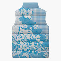 Blue Palaka Hawaiian And Japanese Sleeveless Puffer Jacket Maneki Neko And Sakura Bloom