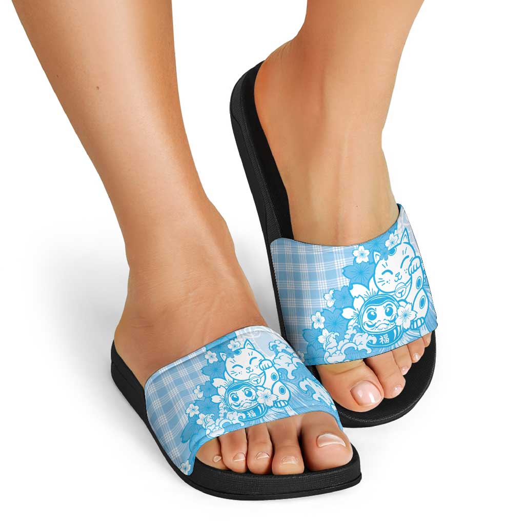 Blue Palaka Hawaiian And Japanese Slide Sandals Maneki Neko And Sakura Bloom