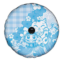 Blue Palaka Hawaiian And Japanese Spare Tire Cover Maneki Neko And Sakura Bloom