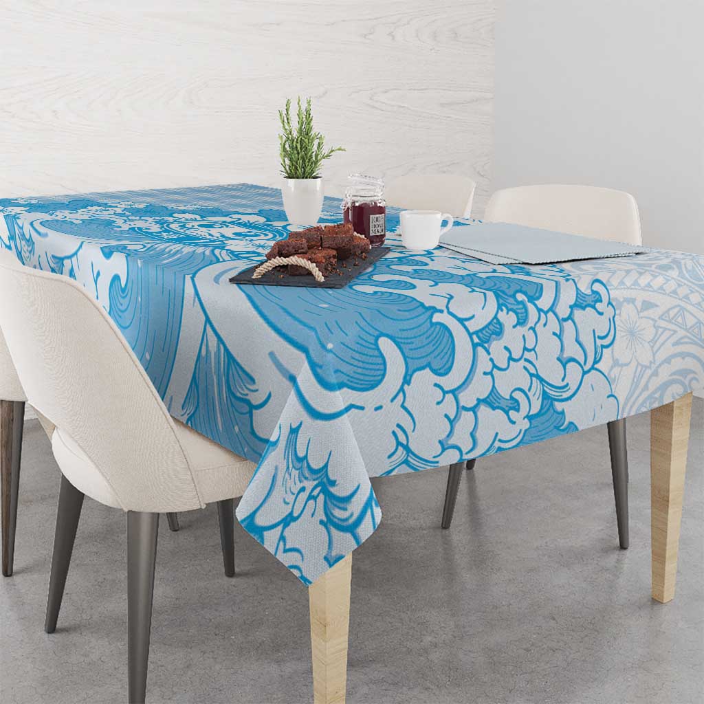 Blue Palaka Hawaiian And Japanese Tablecloth Maneki Neko And Sakura Bloom