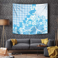 Blue Palaka Hawaiian And Japanese Tapestry Maneki Neko And Sakura Bloom