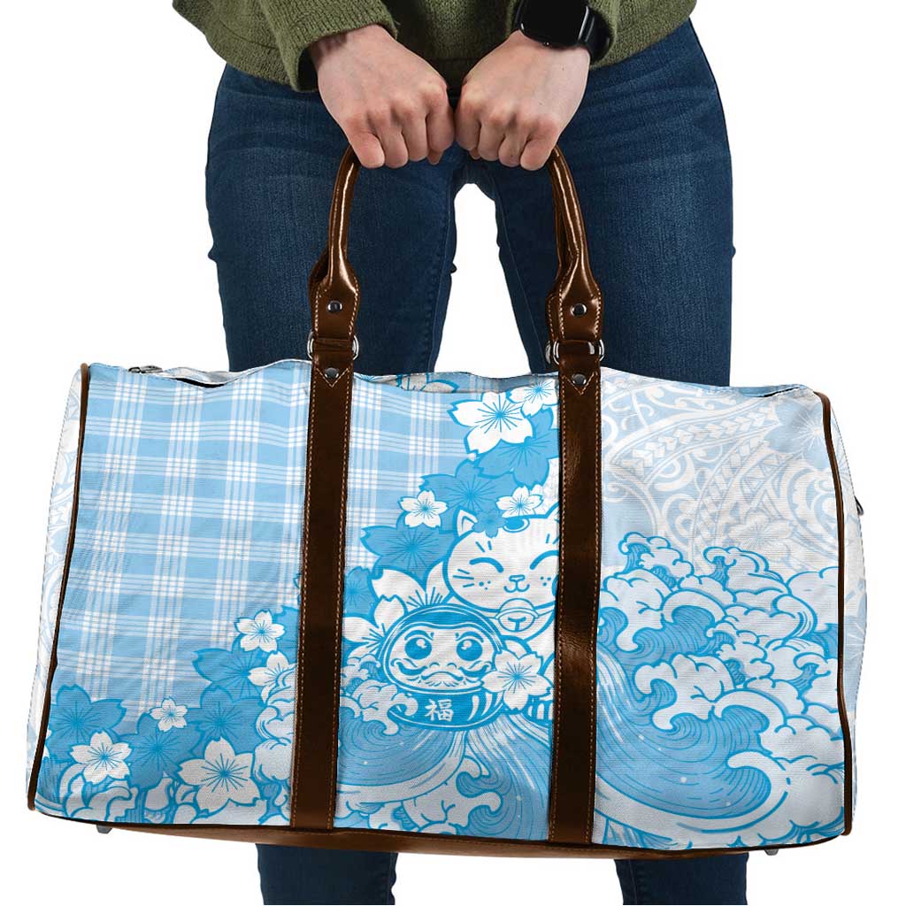 Blue Palaka Hawaiian And Japanese Travel Bag Maneki Neko And Sakura Bloom