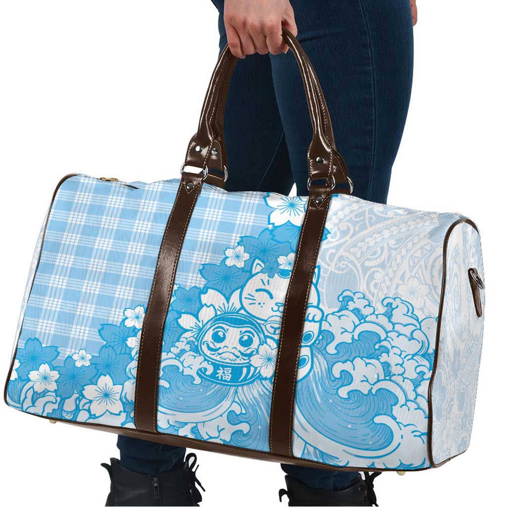 Blue Palaka Hawaiian And Japanese Travel Bag Maneki Neko And Sakura Bloom