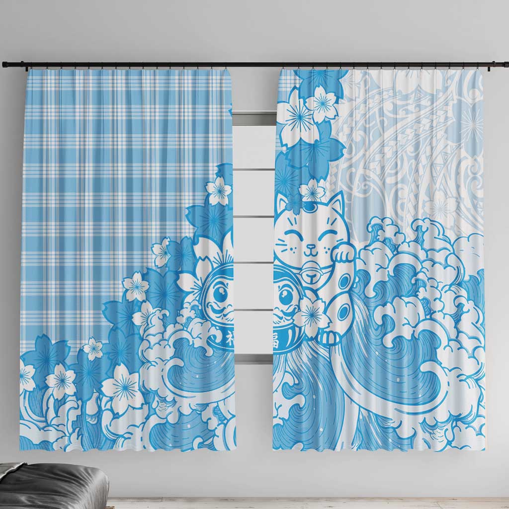 Blue Palaka Hawaiian And Japanese Window Curtain Maneki Neko And Sakura Bloom DT05 With Hooks Blue - Polynesian Pride