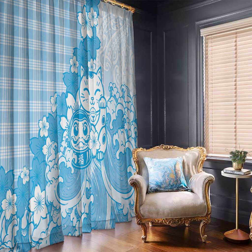 Blue Palaka Hawaiian And Japanese Window Curtain Maneki Neko And Sakura Bloom DT05 - Polynesian Pride