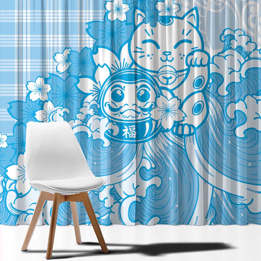 Blue Palaka Hawaiian And Japanese Window Curtain Maneki Neko And Sakura Bloom DT05 - Polynesian Pride