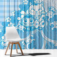 Blue Palaka Hawaiian And Japanese Window Curtain Maneki Neko And Sakura Bloom DT05 - Polynesian Pride
