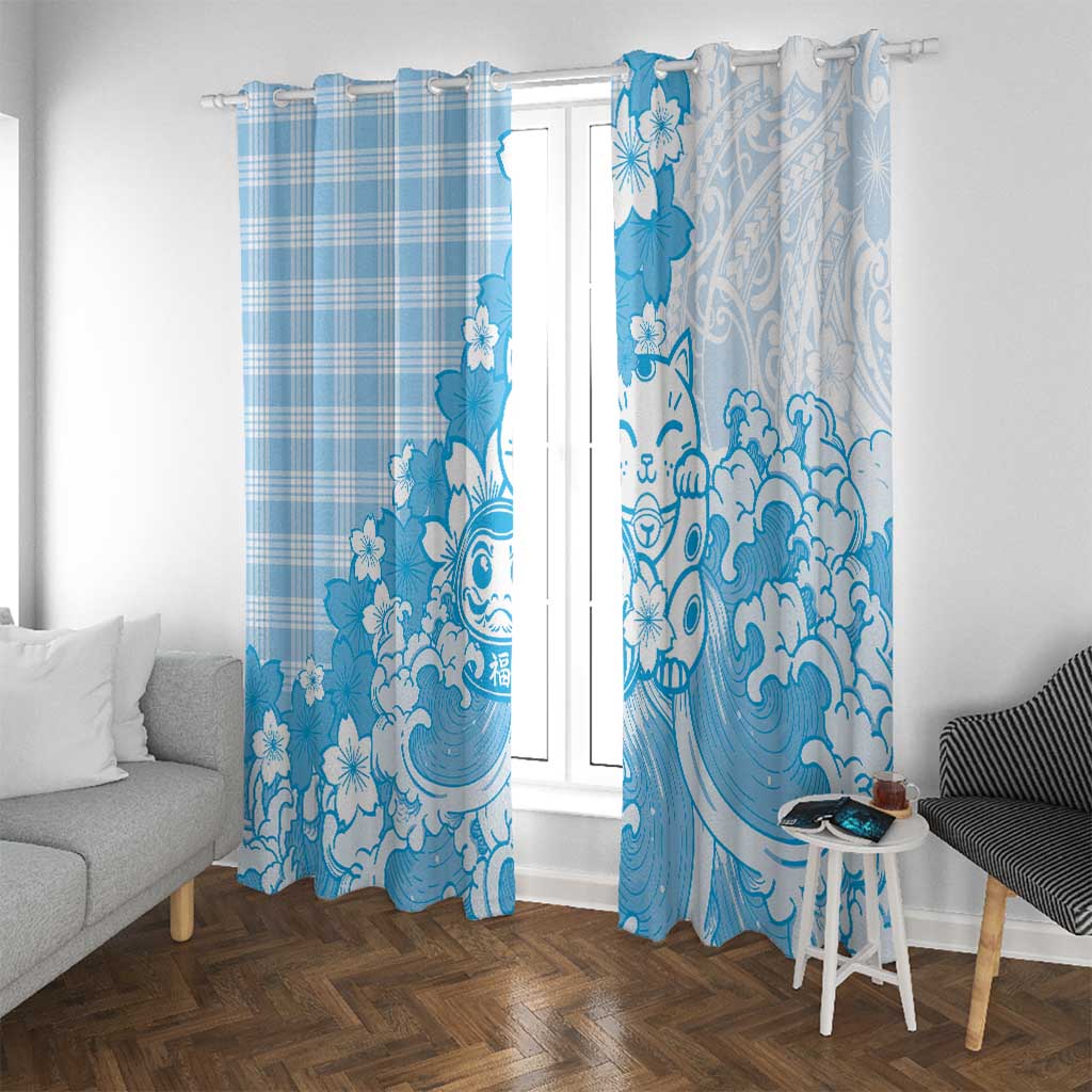 Blue Palaka Hawaiian And Japanese Window Curtain Maneki Neko And Sakura Bloom DT05 With Grommets Blue - Polynesian Pride