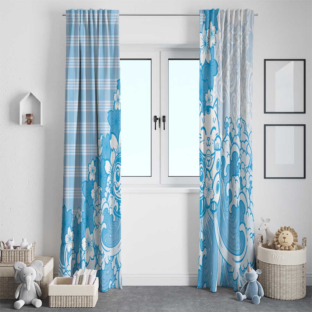 Blue Palaka Hawaiian And Japanese Window Curtain Maneki Neko And Sakura Bloom DT05 - Polynesian Pride
