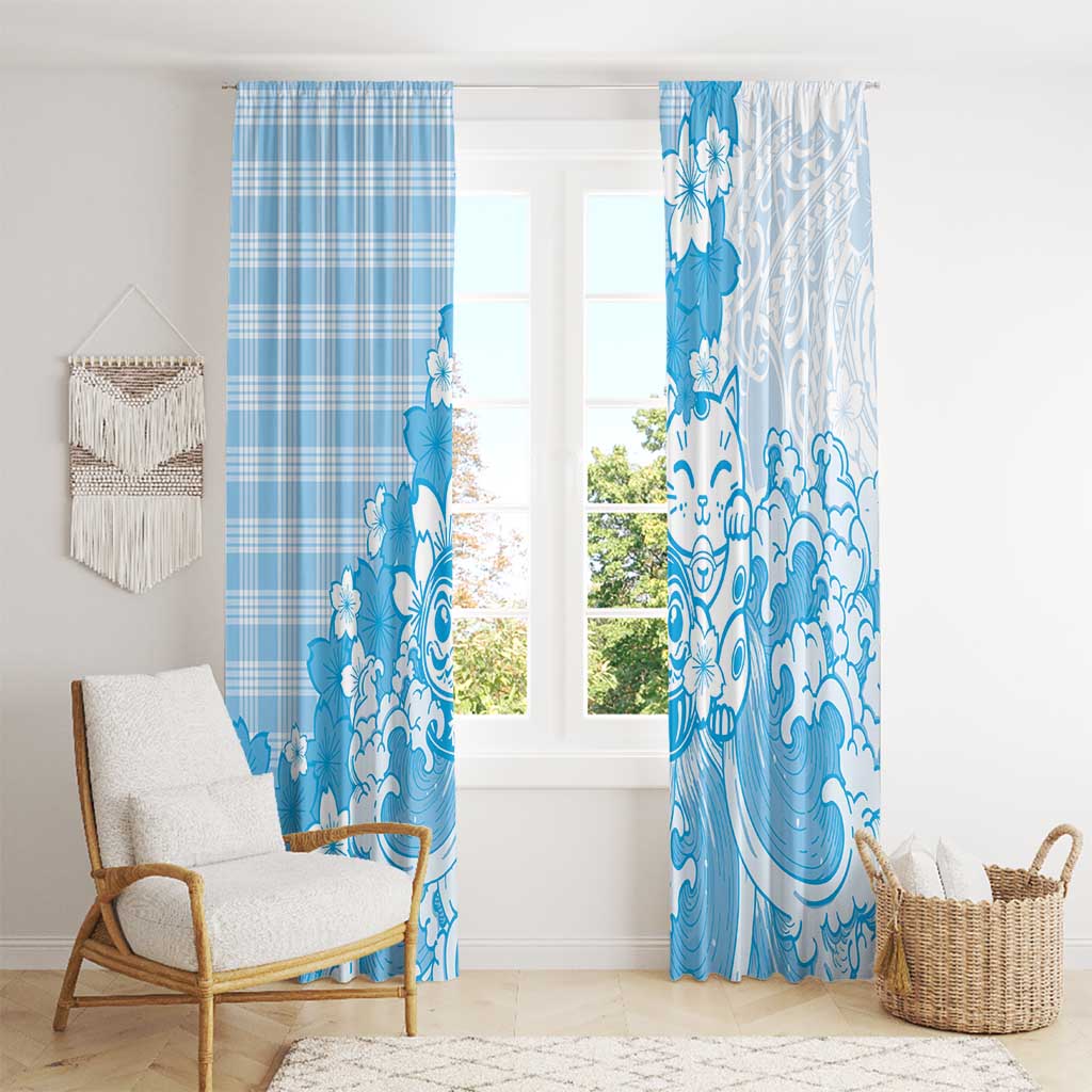 Blue Palaka Hawaiian And Japanese Window Curtain Maneki Neko And Sakura Bloom DT05 - Polynesian Pride